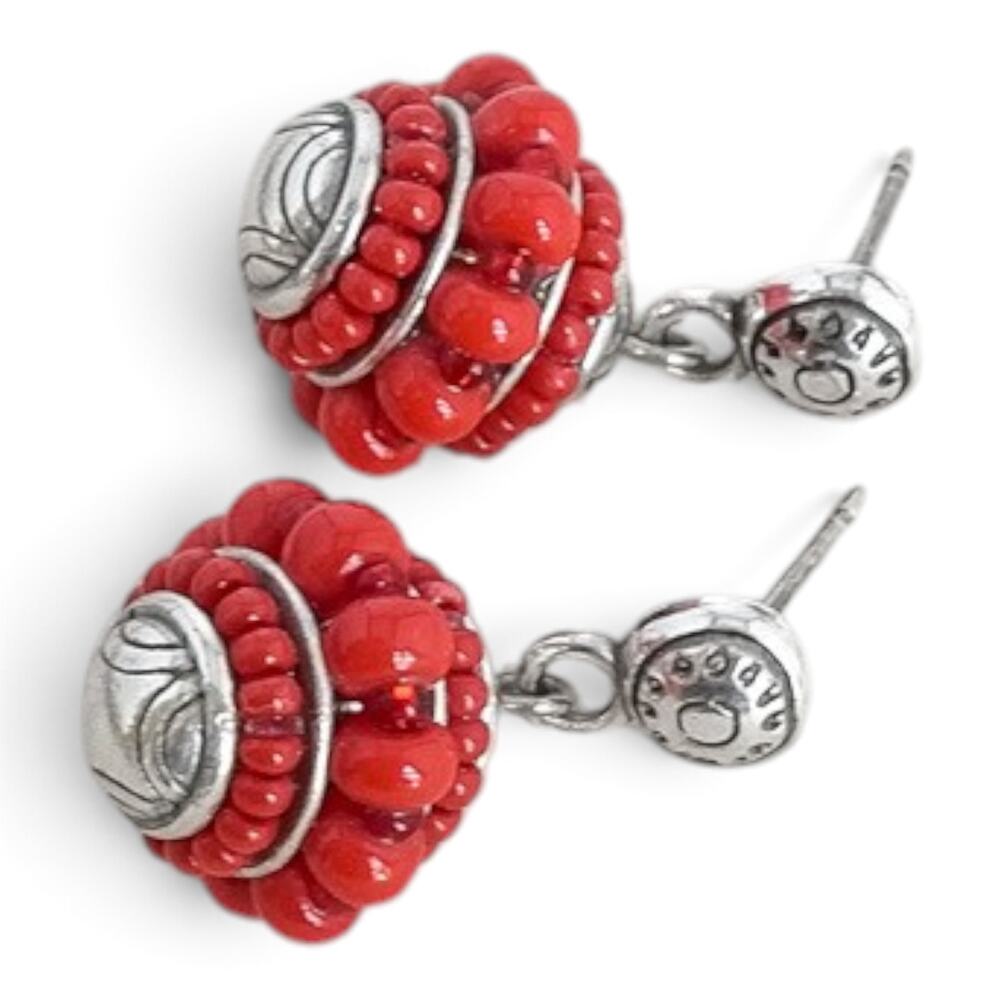 Brighton Global Dreams Red Beaded Dangle Earrings Silver Plated Etched Post